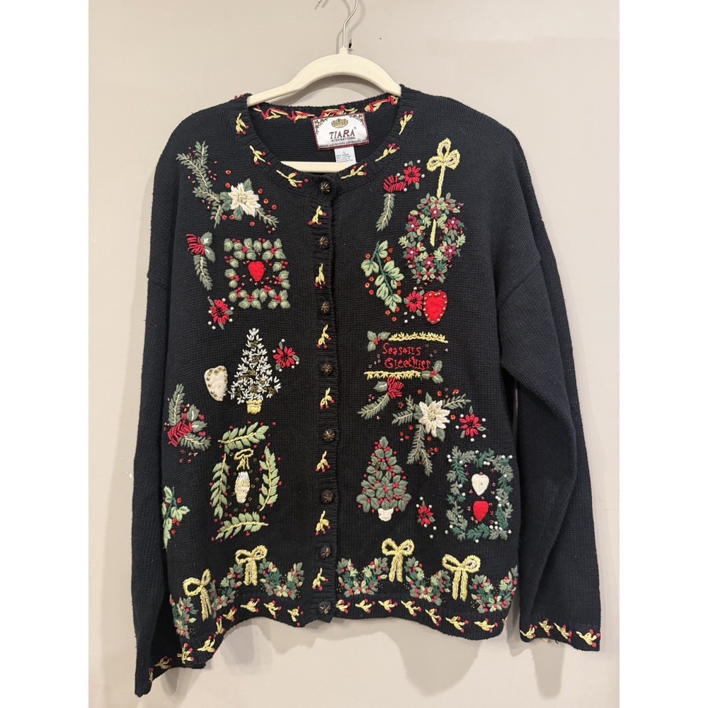 Vintage Tiara International Holiday Christmas Emrboidered Cardigan Tree Wreath